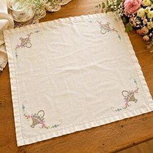 Vintage Hand Embroidered Linen Tablecloth Floral Baskets Cottagecore 30x30